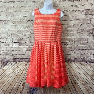 Danny & Nicole Coral Pink Lace Striped Sleeveless Lined Dress